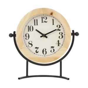 Rustic Wooden Square Desk <b>Clock</b> Wave <b>Movement</b> Mechanical Design Black Arabic Numerals Unique Inverted Numbers Metal Stand - Product Image 1