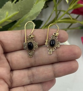 Handmade Black Onyx Flower Design Gold Plated Brass <b>Earrings</b> Vintage Designer Gemstone <b>Hook</b> <b>Earrings</b> for Women - Product Image 1