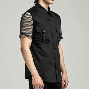 Top Selling Men's Gothic Dark Black Short Sleeve <b>Shirt</b> with Mesh Spliced Accents and Cargo Pockets - Product Image 2
