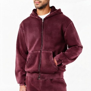 Sweat-shirt à capuche zippé pour homme en molleton 100% coton bordeaux anti-plis avec cordon de serrage et poche kangourou - Product Image 1