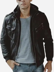 Veste bomber en cuir noire à capuche pour homme - Product Image 2