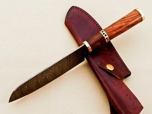Cuchillo de Cocina Hecho a Mano de Alta Calidad, Personalizable, Hoja de Acero de Damasco, Mango de Madera de Palisandro, Separadores de Latón, Borde Recto de 0.45mm - Product Image 5