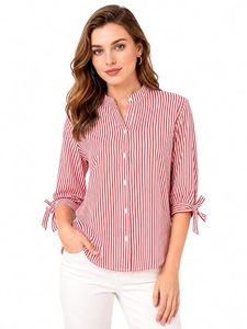Camisa de mujer rosa a rayas con botones, manga larga, corte holgado, de popelina de algodón, blusa informal para primavera/verano, combina con pantalones blancos. - Product Image 6