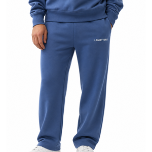 Men Blue Fleece Sweatpants Drawstring <b>Elastic</b> <b>Waist</b> Straight Leg Relaxed Fit Casual Winter Lounge <b>Trousers</b> with Pockets - Product Image 1