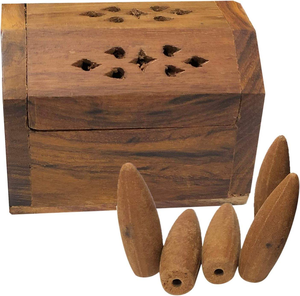 Quemador de incienso de madera maciza marrón hecho a mano - con 5 conos de incienso de flujo inverso premium - Product Image 2