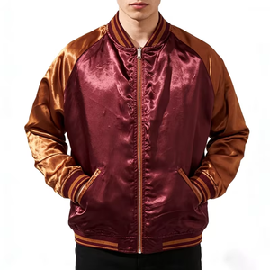 OEM Custom <b>Logo</b> Casual Street Style Baseball Jacket Patchwork Raglan Sleeve Men's Silk Satin Bomber Jacket for Men - Product Image 1