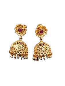 Pendientes Jhumka de Lujo con Baño de Oro Indio en Forma de Flor, con Perlas Engastadas en Bisel, Joyería Étnica Tradicional para Mujer - Product Image 2
