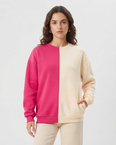 Sweat-shirt à col rond pour femme, color block, rose crème, manches longues, épaules tombantes, en molleton, avec poches - Product Image 1