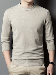 Nouveau pull en maille pour homme automne/hiver, col rond, manches longues, couleur unie, col côtelé, broderie vintage, tenue décontractée - Product Image 4