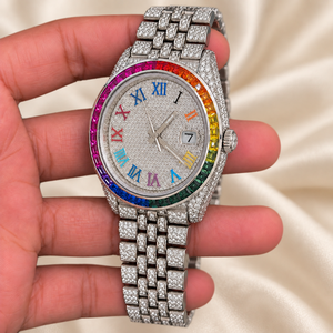 Montre de luxe en quartz Raj Gems, bracelet en acier inoxydable, lunette pavée arc-en-ciel, cadran à chiffres romains, 40 mm, unisexe - Product Image 3