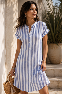 Robe chemise midi d'été pour femme, élégante et décontractée, à rayures, col montant, boutonnée sur le devant, manches courtes amples, tissée, imprimé numérique - Product Image 5