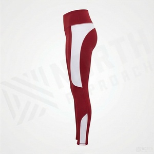 High Waist Women's <b>Leggings</b> Full Length Solid Color Sporty Style Red with White Side Stripes Stretch <b>Knitted</b> Fabric All Seasons - Product Image 3