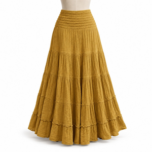 Flowy Tiered Cotton Maxi <b>Skirt</b> | Women's Smocked Waist <b>Boho</b> Crinkle Long <b>Skirt</b> Casual Vacation Festival Summer Resort Beach Wear - Product Image 1