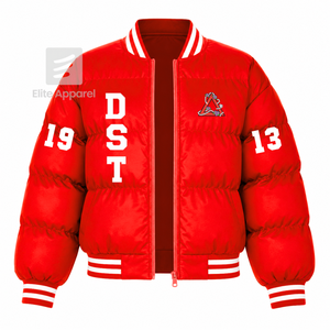 Custom Delta Sigma Theta sorority Puffer <b>jacket</b> embroidered logo on front red and <b>white</b> color full sleeve <b>jacket</b> <b>for</b> female - Product Image 1