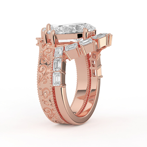 แหวนแต่งงานทองคำขาว 14K 18K ประดับเพชรแล็บโกรว์ทรงหยดน้ำและทรงมรกต ดีไซน์วินเทจลายดอกไม้สลักลายโค้ง - Product Image 4