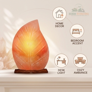 Lámpara de Sal del Himalaya Tallada a Mano, Lámpara de Mesa con Forma de Hoja de Sal de Cristal Rosa Natural, con Cable Regulador de Intensidad y Base de Madera - Product Image 4
