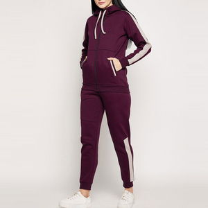Women Purple Full <b>Zip</b> <b>Hooded</b> Tracksuit Set Solid Color Casual With Side Pockets Drawstring Closure Regular Fit Autumn Wear - Product Image 2