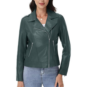 Chaqueta Bomber de Cuero Genuino para Mujer, Color Sólido, Cierre de Cremallera, Manga Larga, Cuello Alto, Estilo Otoñal, Tejido Transpirable - Product Image 1