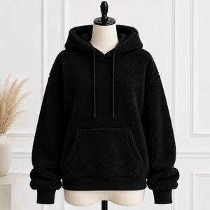 Sweat-shirt à capuche en polaire noir pour femme, couleur unie, manches longues, pull décontracté avec poches, vêtements d'hiver - Product Image 4