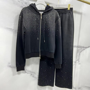 Ensemble de survêtement noir pour femme avec strass, à capuche, fermeture éclair, manches longues, coupe ample, décontracté, motif à pois, en polyester, pour l'automne - Product Image 5