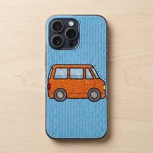 Funda de Teléfono Bordada con Cuentas de Vidrio Hechas a Mano, Base de Poliéster, Forma Rectangular, Fondo Azul, Patrón de Camioneta Naranja - Product Image 4