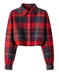 Camisa Corta a Cuadros Tartán Rojo Personalizada para Mujer, Cuello Camisero, Manga Larga, Botones, Blusa Casual, Estilo de Fabricante OEM - Product Image 1