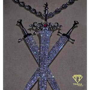Luxury Moissanite Diamond Triple Sword Pendant 925 Sterling <b>Silver</b> Fully Iced Out <b>Crown</b> Statement Jewelry - Product Image 3