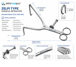 Ensemble d'instruments chirurgicaux rétracteurs de type ZELPI, instruments chirurgicaux orthopédiques manuels, ouverture maximale 5 pouces, bras profonds, Classe I - Product Image 4