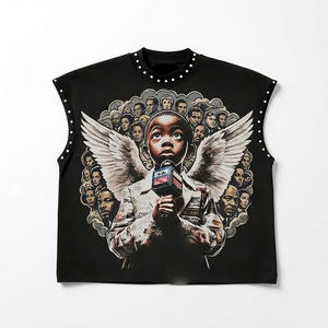 Custom Graphic DTG Printed Rhinestone <b>Tank</b> <b>Top</b> 100% Cotton Jersey Soft Fabric Vintage Style Sleeveless T Shirt Unisex OEM Wholes - Product Image 1