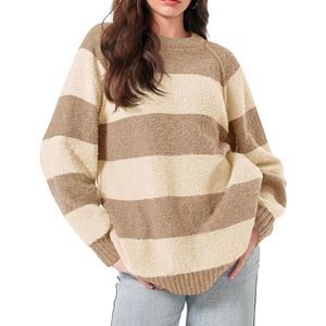 Suéteres de Lana con Micro Rayas Personalizados para Mujer, Color Taupe Marrón, Cuello Redondo, Tejido Fino, Manga Larga, Diseño de Punto - Product Image 5