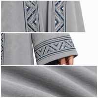 Ensemble Abaya Gris Tricoté Premium pour Femme, Motif Bordure Géométrique, Cardigan Long Modeste, Fabrication Directe Usine, Personnalisation ODM, pour le Moyen-Orient