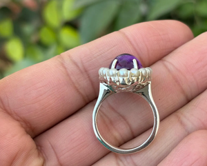 Vintage Amethyst <b>Ring</b> Sterling Silver Pearl Halo Oval Gemstone Antique Style Women Jewelry - Product Image 4