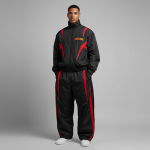 Conjunto deportivo de hombre OEM 100% nailon, logotipo impreso personalizado, color negro sólido con ribetes, ropa urbana transpirable, conjunto de 2 piezas para hombre - Product Image 1