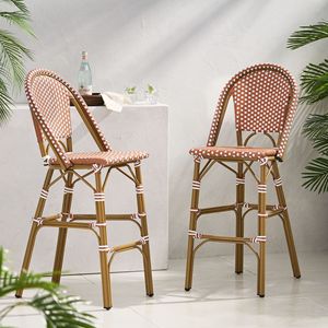 Set di 2 sgabelli da bar francesi in rattan PE da esterno da 29,5 pollici, rosso ruggine e bianco, con struttura in alluminio e finitura in bambù - Product Image 3