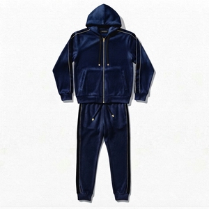 Ensemble jogging deux pièces en velours noir pour homme, sweat à capuche zippé et pantalon à taille élastique, style streetwear décontracté - Product Image 3
