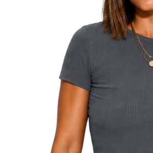 Charcoal Gray Ribbed Crop <b>Top</b> Women Short Sleeve Crew Neck Slim Fit Casual Knitted T Shirt Summer Fashion Stretch Cotton Spandex - Product Image 3