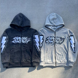 Wholesale Customized Winter Fleece Two Piece Outfit Full Zipper <b>Hoodie</b> and Flare Trouser Hip Hop Tracksuit 100% Cotton - Product Image 2