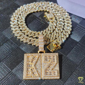 Collier pendentif Hip Hop Moissanite Diamond « KZ » plaqué or avec chaîne cubaine pour homme - Product Image 3