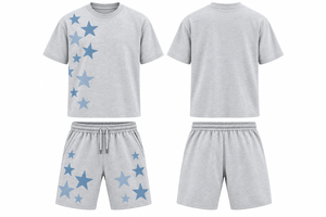 Conjunto de Camiseta y Pantalones Cortos Grises Personalizados para Hombre, Estampado de Estrellas, Mezcla de Algodón, Estilo Casual de Verano, Dos Piezas - Product Image 2