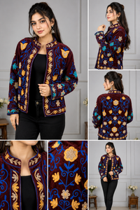 Elegant Embroidered Velvet Jacket With Mandarin Collar Floral Pattern Autumn Women's Short Coat Full Sleeve Polyester <b>Material</b> - Product Image 6