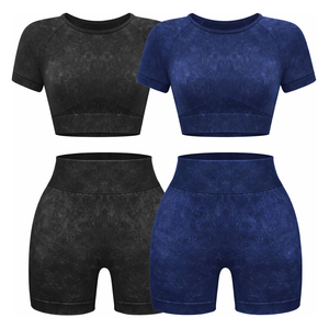 Ensemble de sport sans coutures délavé à l'acide, comprenant un short cycliste taille haute et un crop top à manches courtes, avec effet froncé aux fesses, pour le yoga et l'entraînement, tenue de fitness et de sport - Product Image 4
