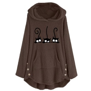 Grey Fleece Hoodie Women <b>Cat</b> Print Fluffy <b>Plush</b> Pullover Button Hooded Sweatshirt Warm Winter Casual Curved Hem Top - Product Image 2