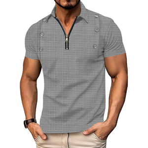 Modern Zipper Casual <b>Neck</b> <b>Polo</b> Gray Plaid Short Sleeve <b>Polo</b> Shirt Casual Zipper Button Collar <b>Top</b> - Product Image 1