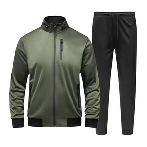 <b>Men's</b> Olive <b>Green</b> Polyester Tracksuit Full Zip Stand Collar Casual Jogging <b>Suit</b> Solid Color Side Pockets Autumn Wear - Product Image 1