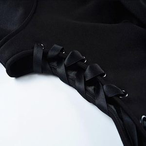 Sudadera Corta con Capucha para Mujer, Color Negro Sólido, Manga Larga, Tejido de Algodón, Estilo Gótico, con Cordones en el Hombro, para Otoño e Invierno - Product Image 5
