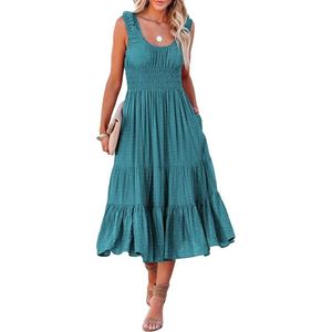 Abito estivo casual XL senza maniche, smock, midi, a vita alta, fluido, a trapezio, blu lago, con tasche - Product Image 2