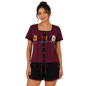 Burgundy And Black Women <b>Two</b> <b>Piece</b> Shorts <b>Set</b> Square Neck Button Top Floral Print Contrast Trim Casual Summer Cotton <b>Lounge</b> Wear - Product Image 1