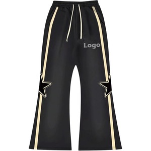 Men's <b>Black</b> Red Flame Print Flared Mid Waist Sweatpants Elastic Waist Drawstring Formal Side Stripe Joggers 100% Cotton - Product Image 3