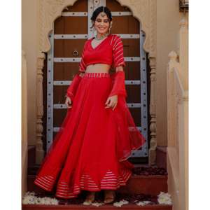 Lehenga Choli de Organza Chinon Rojo con Bordado Gota para Mujer, con Protección Solar y Secado Rápido, para Bodas, Talla XS - Product Image 4
