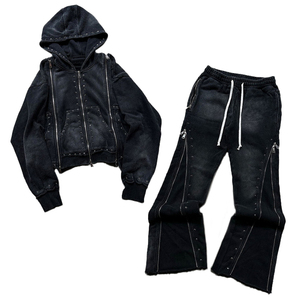Men's Black Hooded Sweatshirt <b>Set</b> French Terry Street Style Autumn Wear 100% Cotton Full Zip Joggers - Product Image 1